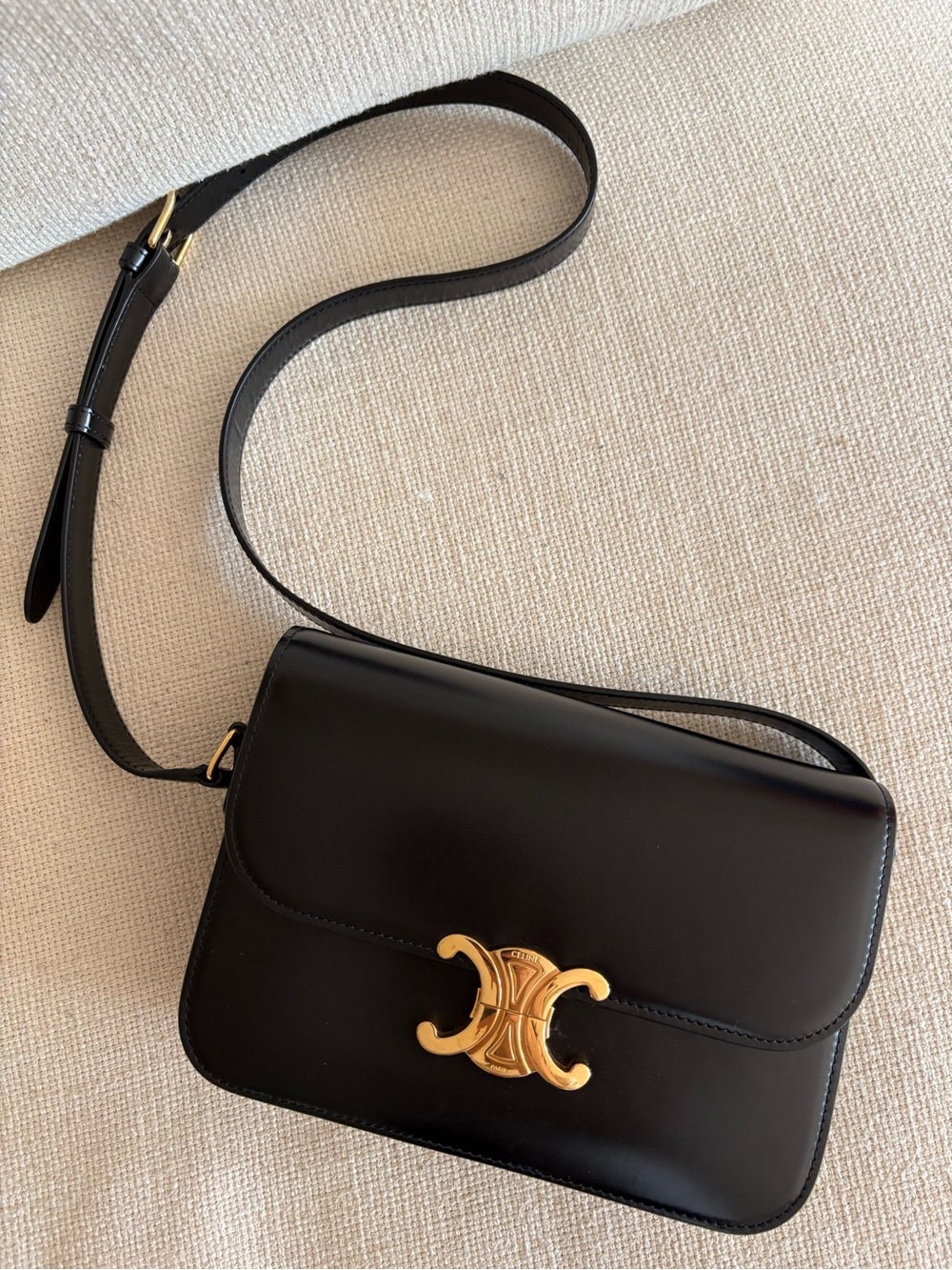 Celine Triomphe Classic Bag in Black Smooth Leather Bag with Gold Hardware